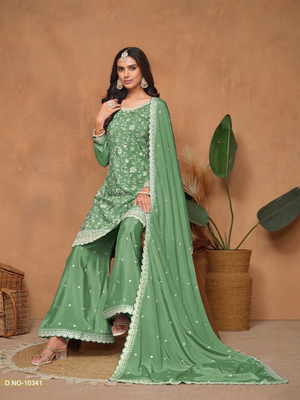 Anaita Green Embroidered Chinon Silk Palazzo Suit | Grocsy