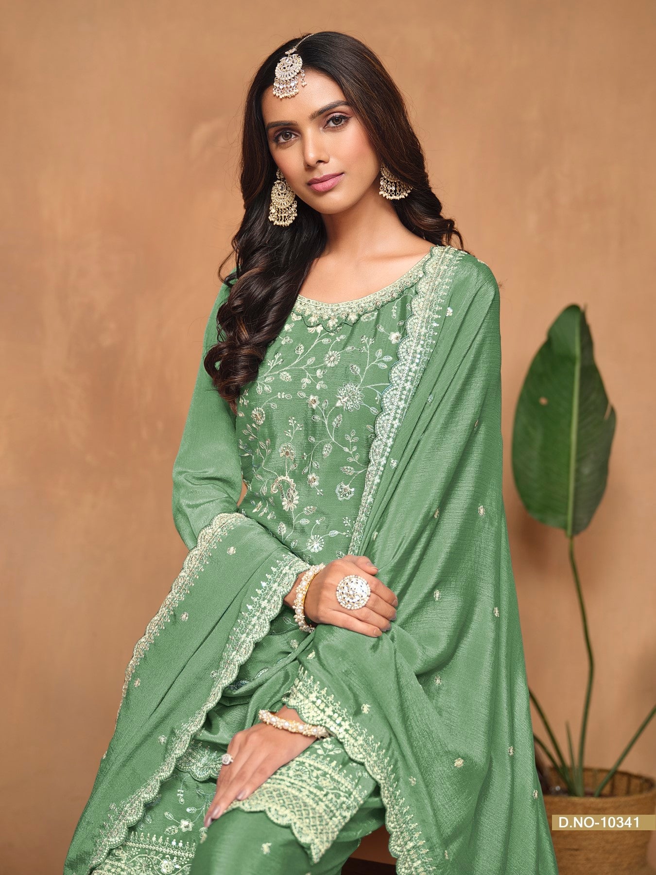 Anaita Green Embroidered Chinon Silk Palazzo Suit | Grocsy