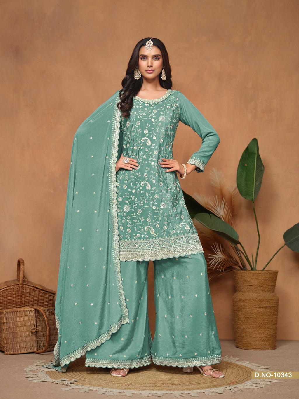 Anaita Aqua Blue Embroidered Chinon Silk Palazzo Suit | Grocsy