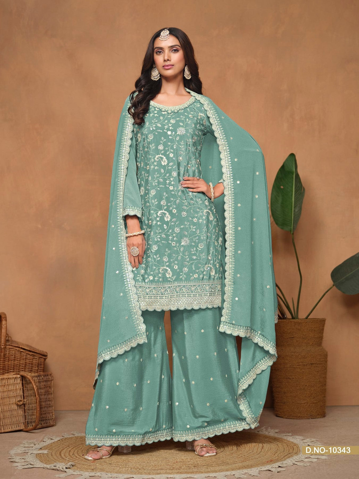 Anaita Aqua Blue Embroidered Chinon Silk Palazzo Suit | Grocsy