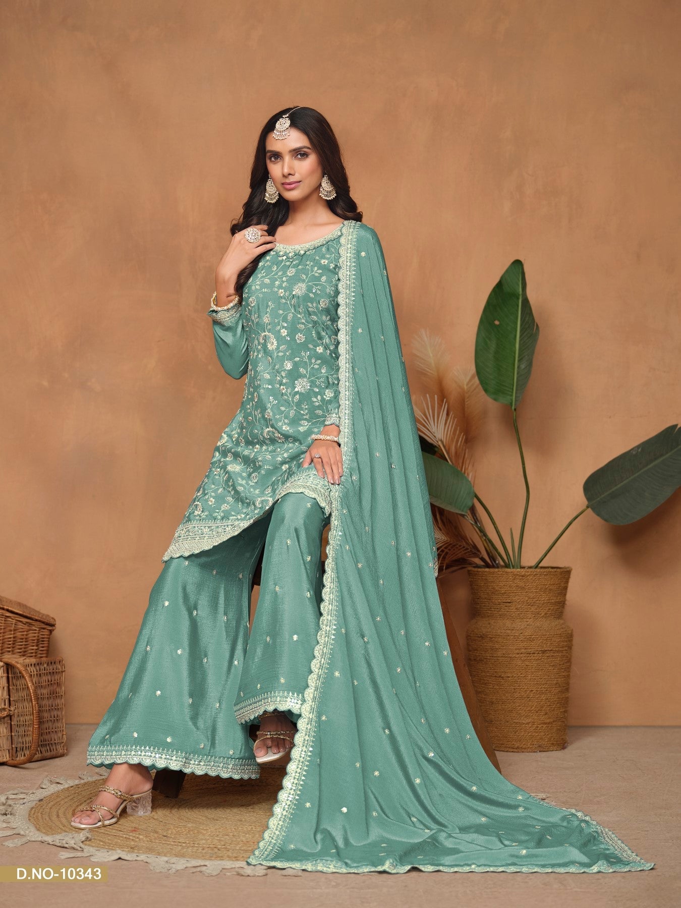 Anaita Aqua Blue Embroidered Chinon Silk Palazzo Suit | Grocsy