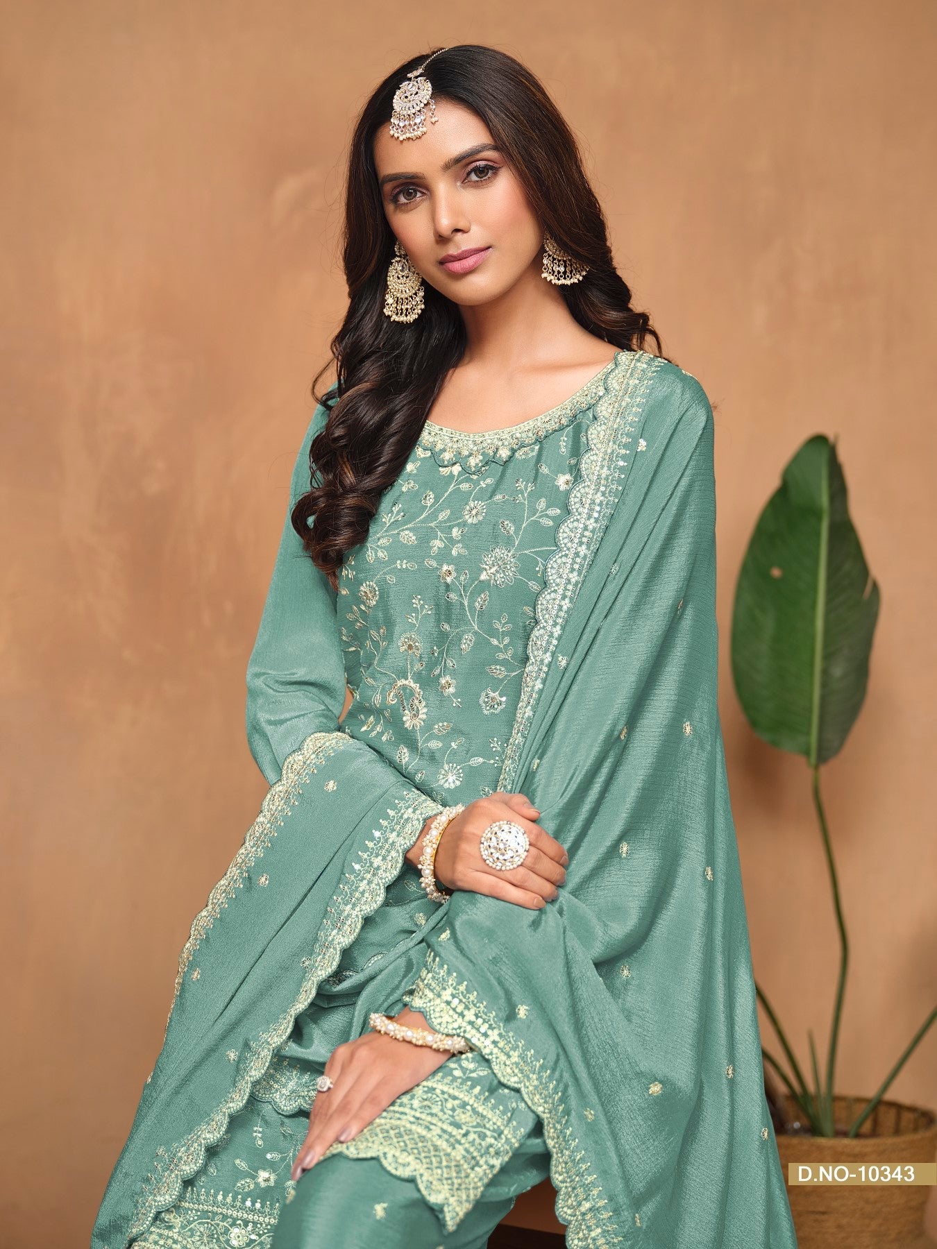 Anaita Aqua Blue Embroidered Chinon Silk Palazzo Suit | Grocsy