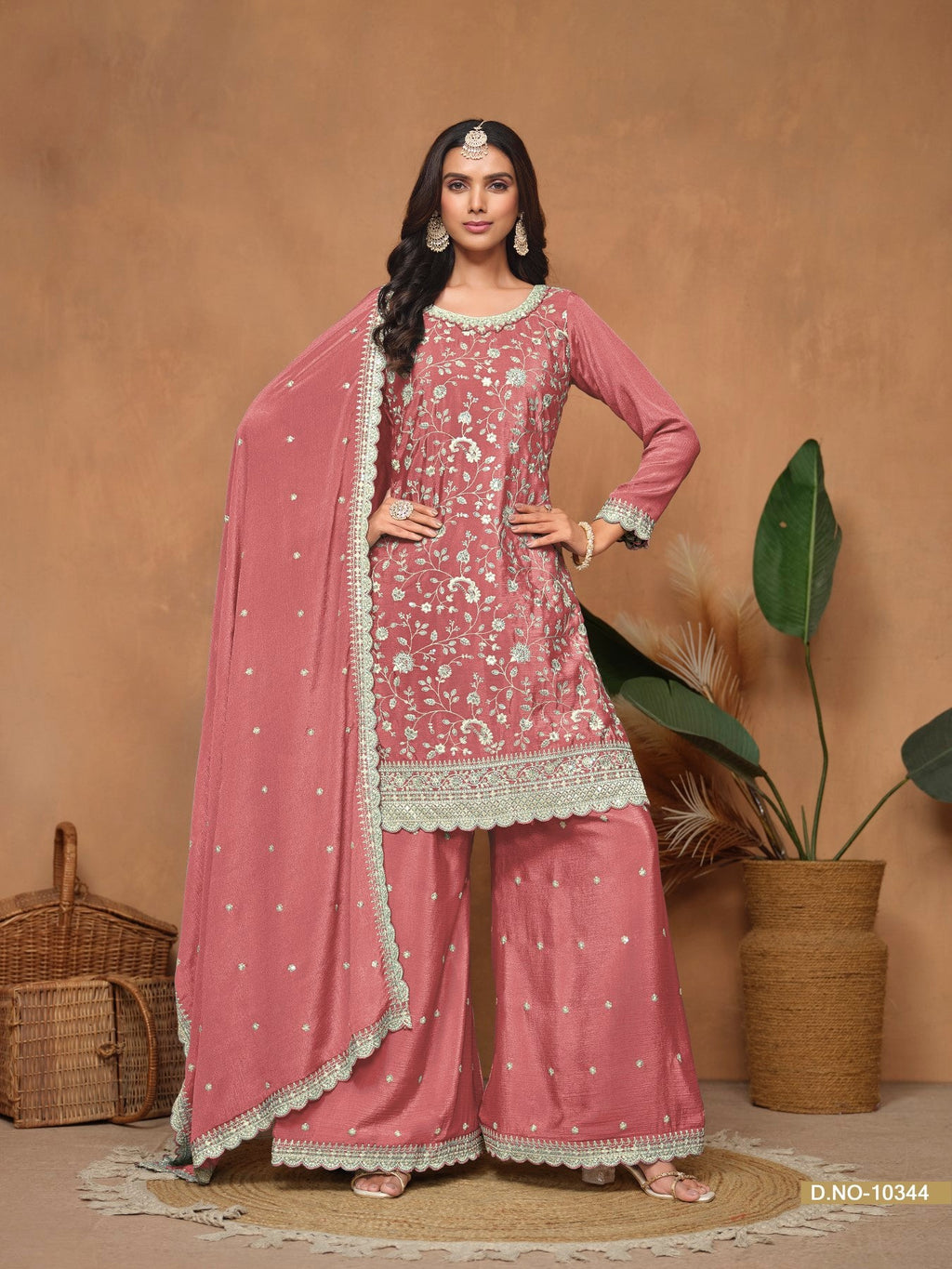 Anaita Peach Embroidered Chinon Silk Palazzo Suit | Grocsy