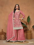 Anaita Peach Embroidered Chinon Silk Palazzo Suit | Grocsy