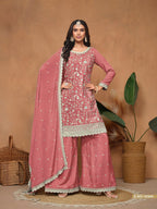 Anaita Peach Embroidered Chinon Silk Palazzo Suit | Grocsy