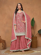 Anaita Peach Embroidered Chinon Silk Palazzo Suit | Grocsy