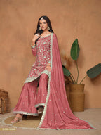 Anaita Peach Embroidered Chinon Silk Palazzo Suit | Grocsy