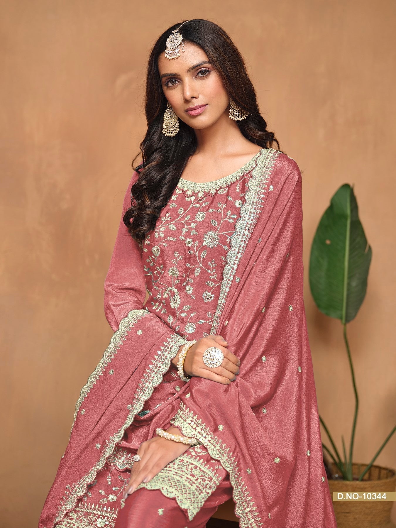 Anaita Peach Embroidered Chinon Silk Palazzo Suit | Grocsy