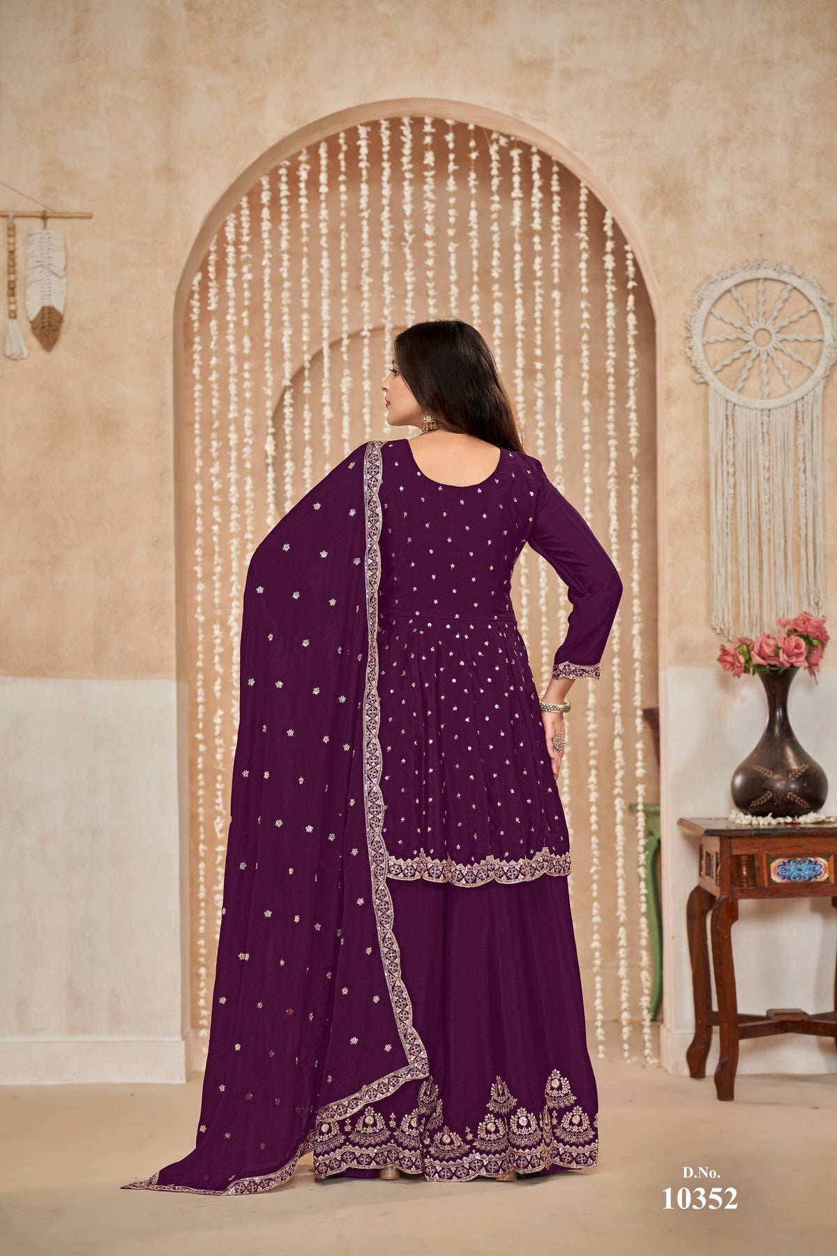 Anaita Purple Embroidered Chinon Silk Palazzo Suit | Grocsy
