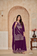 Anaita Purple Embroidered Chinon Silk Palazzo Suit | Grocsy