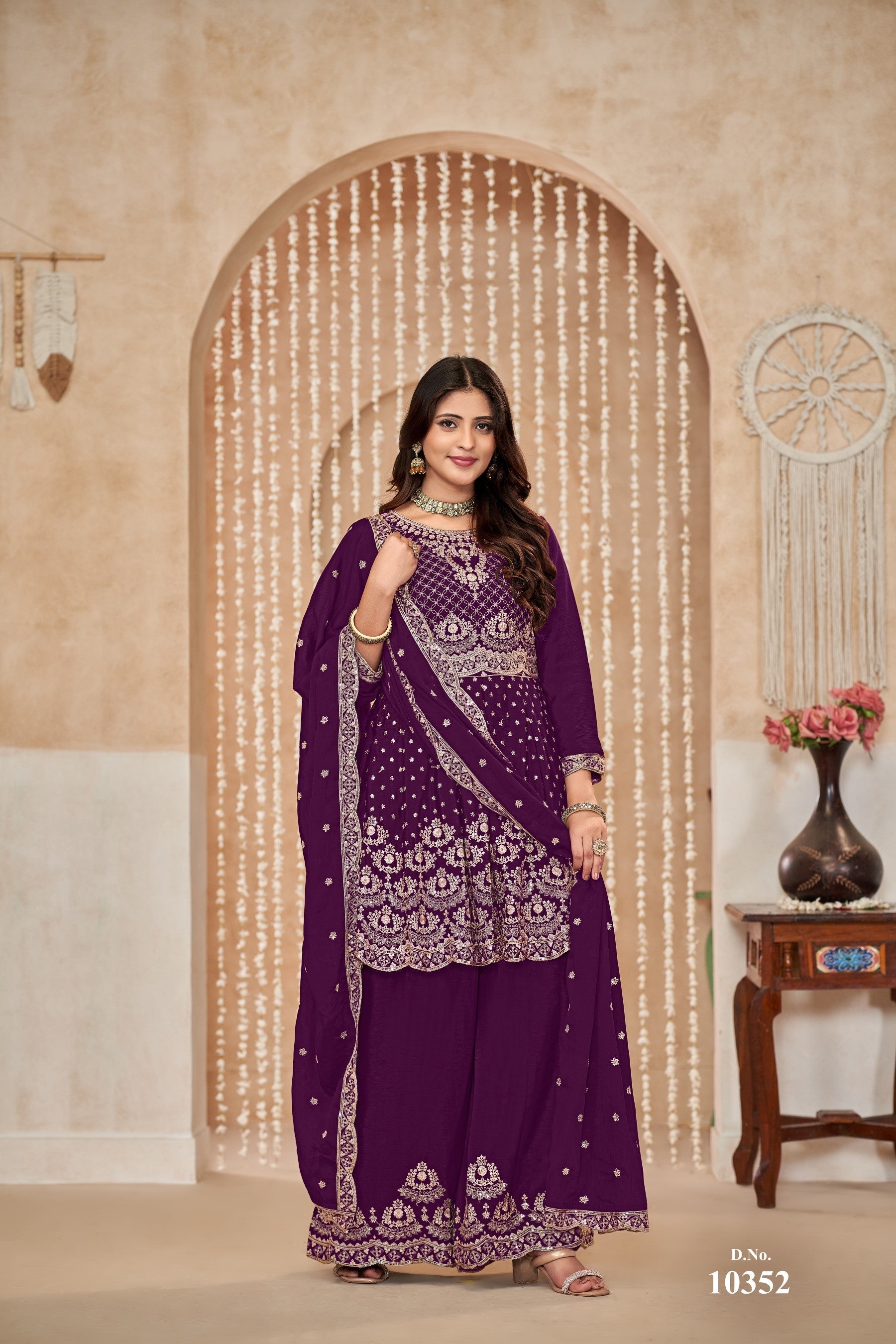 Anaita Purple Embroidered Chinon Silk Palazzo Suit | Grocsy