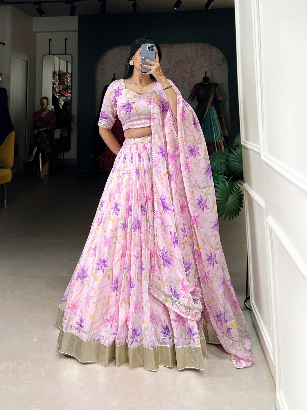 Lorenvalley Pink Tabby Silk Floral Print With Lace Touch Up Lehenga Choli with Dupatta | Grocsy