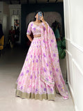 Lorenvalley Pink Tabby Silk Floral Print With Lace Touch Up Lehenga Choli with Dupatta | Grocsy