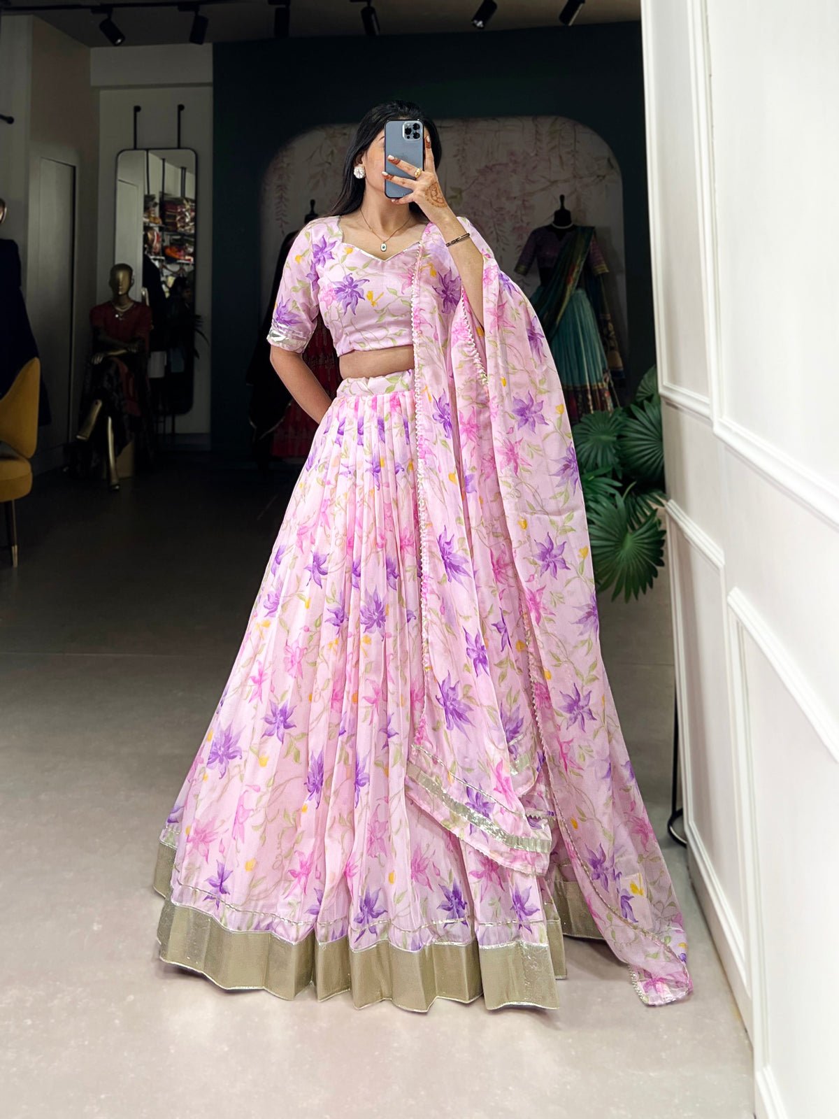 Lorenvalley Pink Tabby Silk Floral Print With Lace Touch Up Lehenga Choli with Dupatta | Grocsy