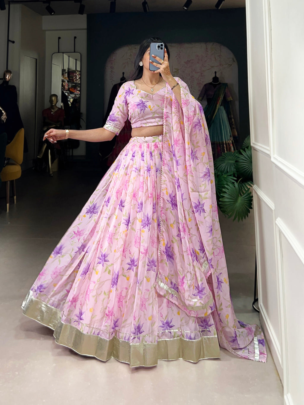 Lorenvalley Pink Tabby Silk Floral Print With Lace Touch Up Lehenga Choli with Dupatta | Grocsy