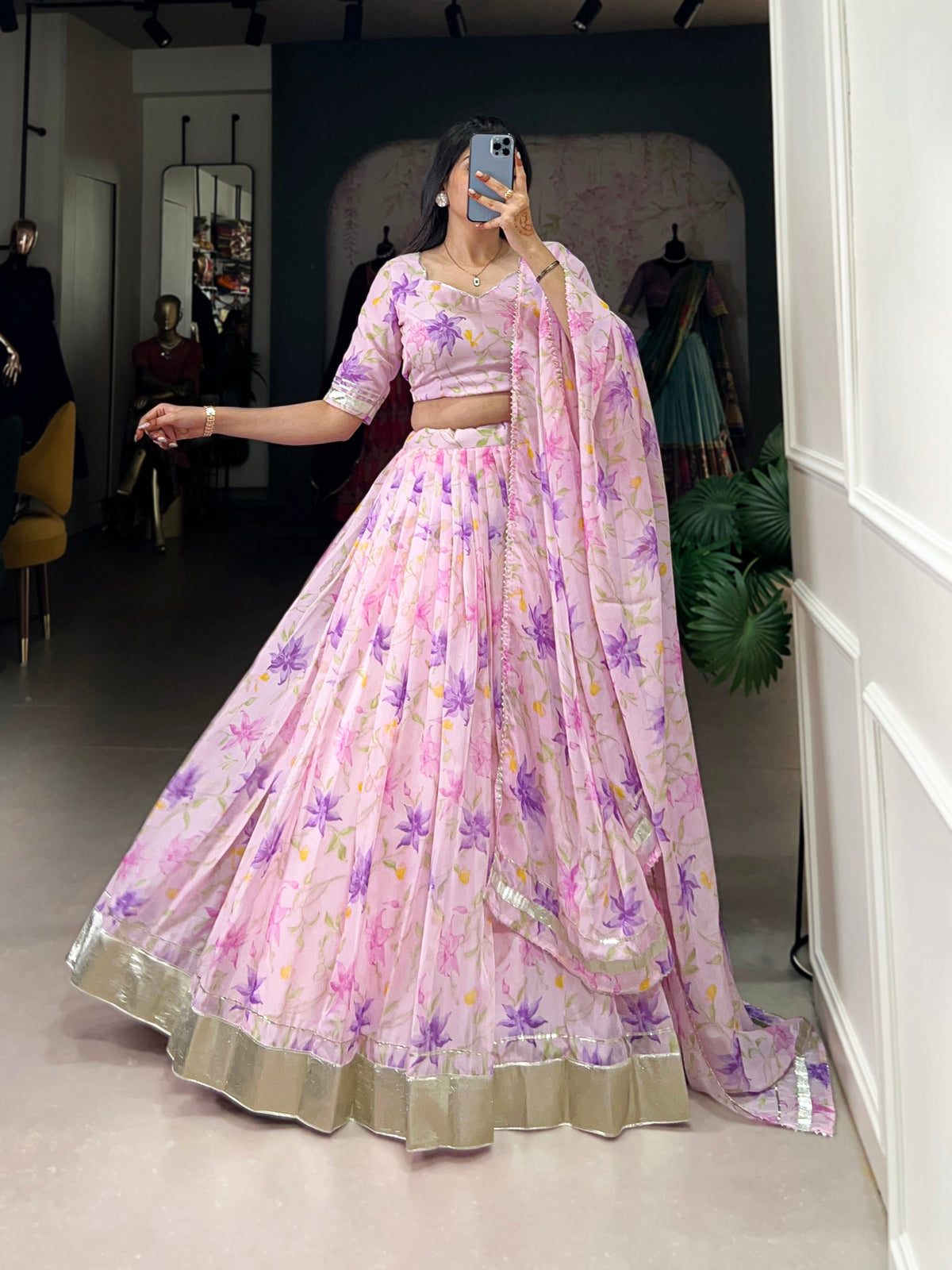 Lorenvalley Pink Tabby Silk Floral Print With Lace Touch Up Lehenga Choli with Dupatta | Grocsy