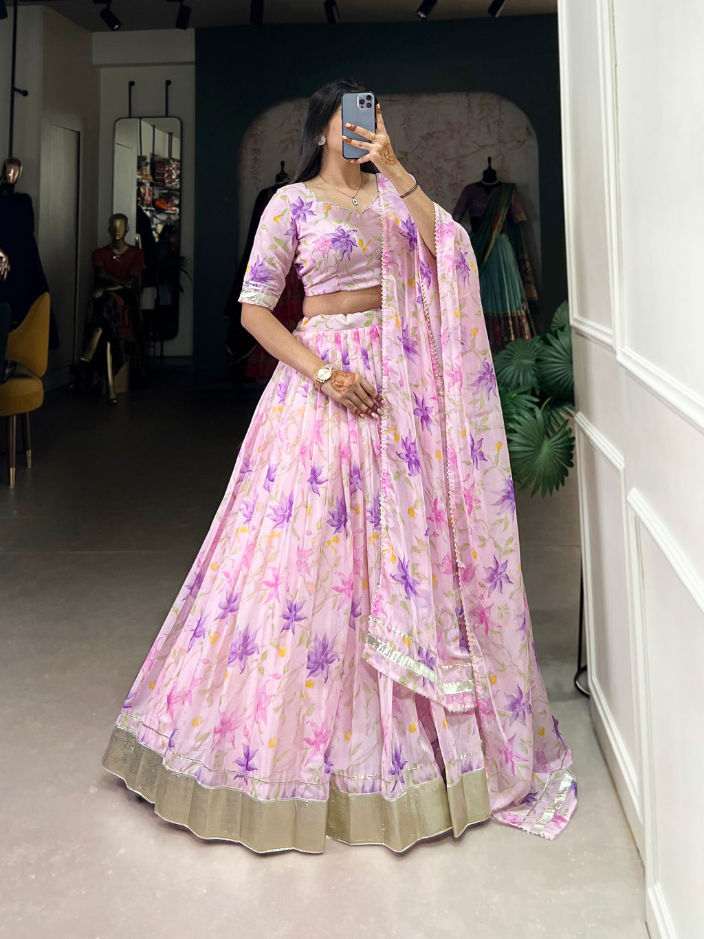 Lorenvalley Pink Tabby Silk Floral Print With Lace Touch Up Lehenga Choli with Dupatta | Grocsy