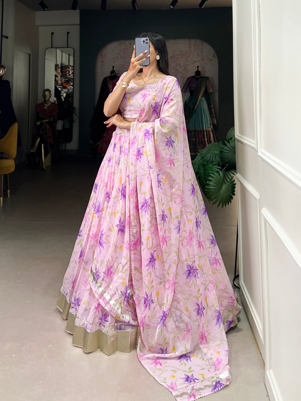 Lorenvalley Pink Tabby Silk Floral Print With Lace Touch Up Lehenga Choli with Dupatta | Grocsy