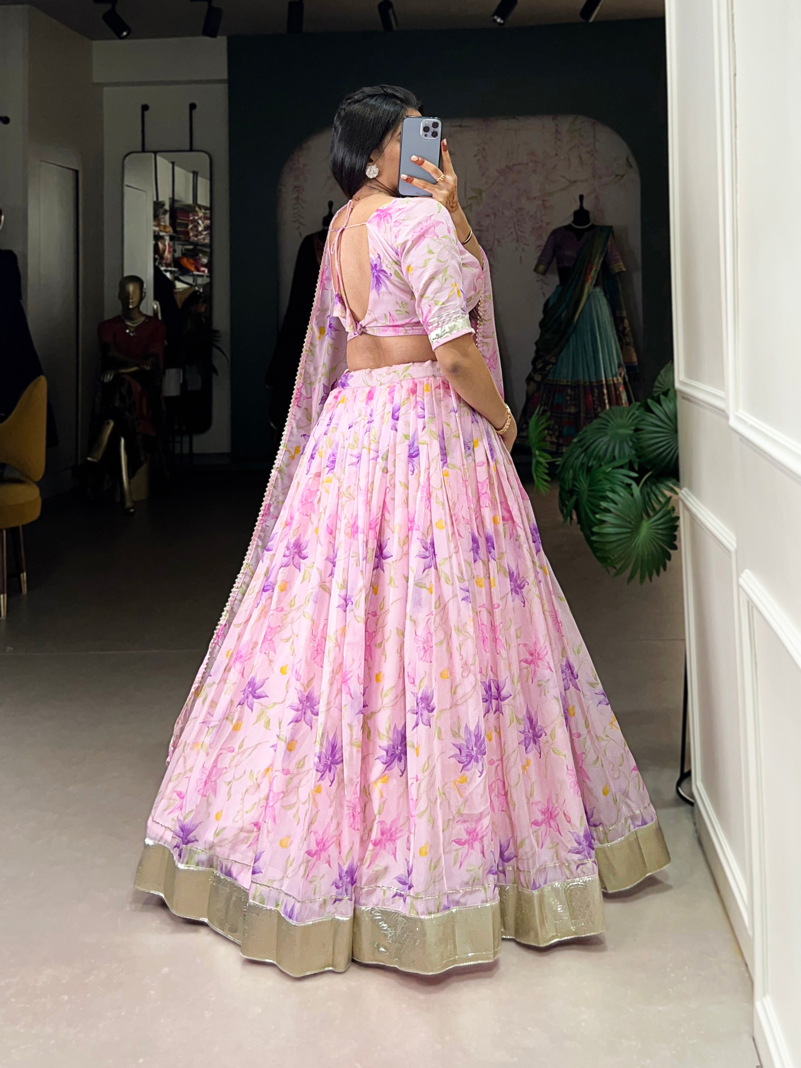 Lorenvalley Pink Tabby Silk Floral Print With Lace Touch Up Lehenga Choli with Dupatta | Grocsy