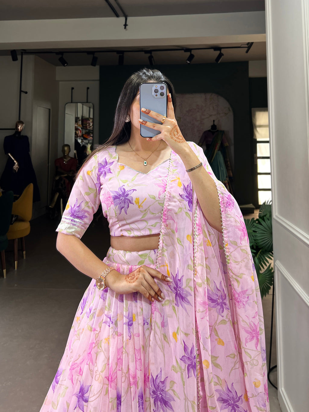 Lorenvalley Pink Tabby Silk Floral Print With Lace Touch Up Lehenga Choli with Dupatta | Grocsy