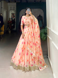 Lorenvalley Peach Tabby Silk Floral Print With Lace Touch Up Lehenga Choli with Dupatta | Grocsy