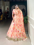 Lorenvalley Peach Tabby Silk Floral Print With Lace Touch Up Lehenga Choli with Dupatta | Grocsy