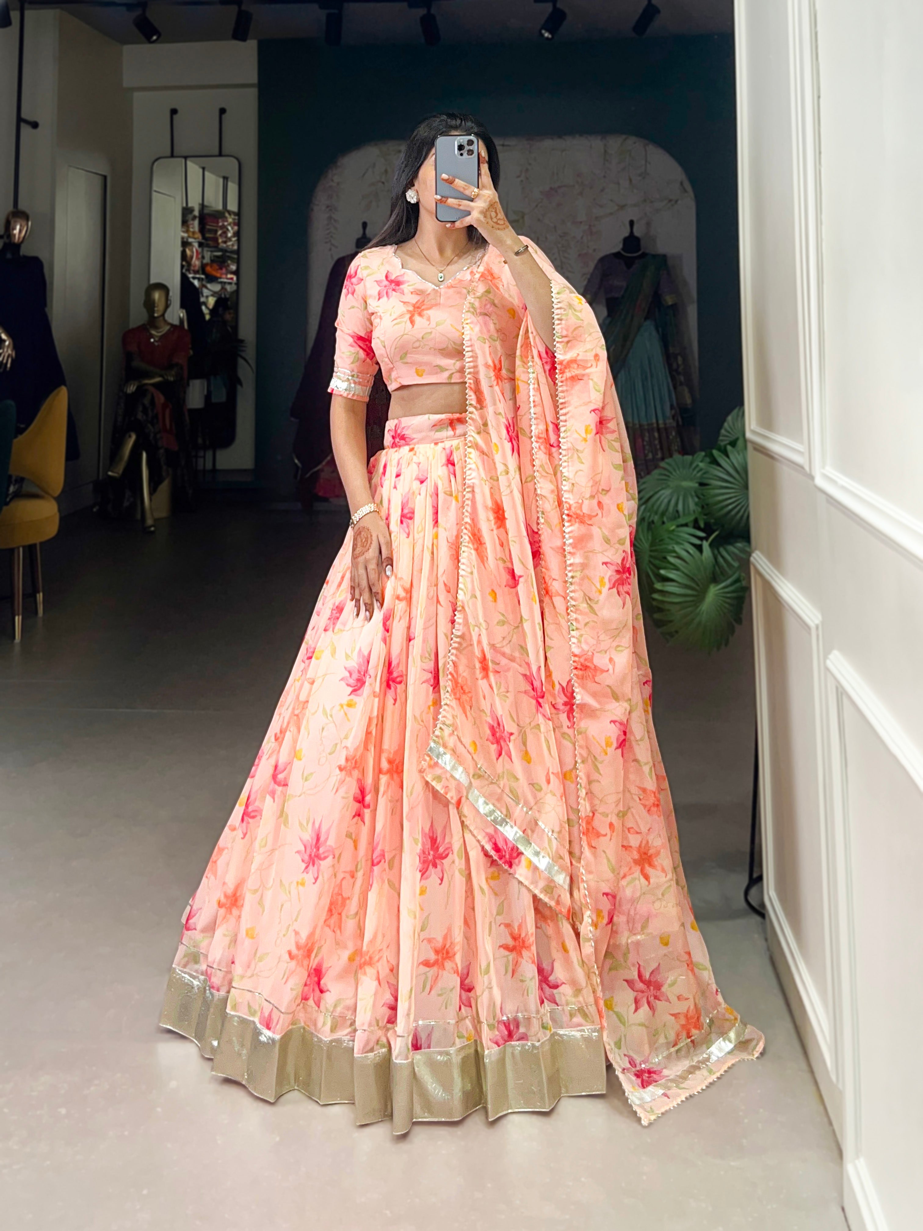 Lorenvalley Peach Tabby Silk Floral Print With Lace Touch Up Lehenga Choli with Dupatta | Grocsy