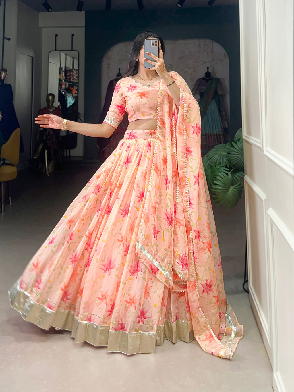 Lorenvalley Peach Tabby Silk Floral Print With Lace Touch Up Lehenga Choli with Dupatta | Grocsy