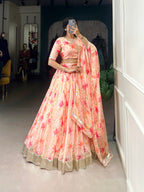 Lorenvalley Peach Tabby Silk Floral Print With Lace Touch Up Lehenga Choli with Dupatta | Grocsy