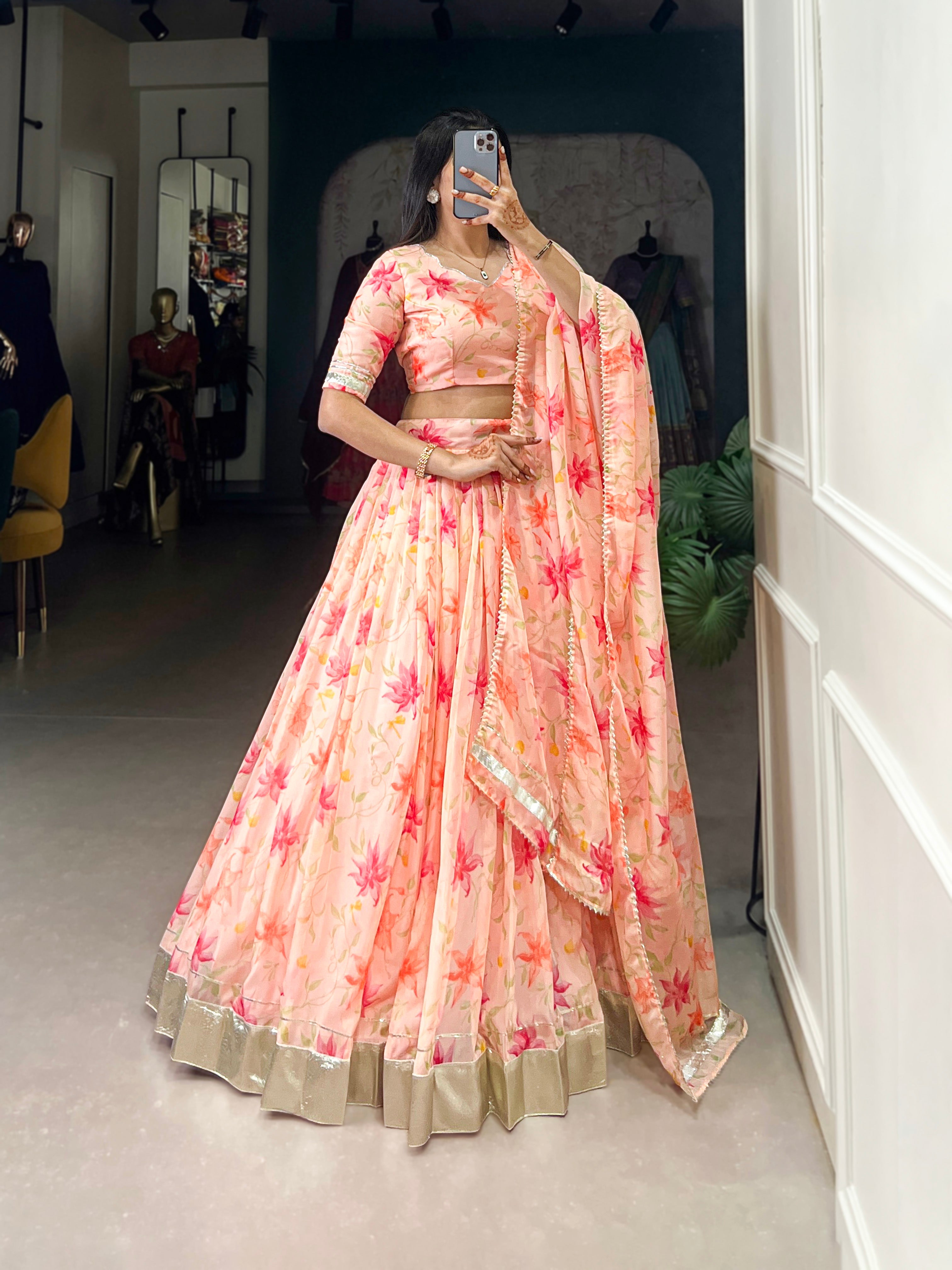 Lorenvalley Peach Tabby Silk Floral Print With Lace Touch Up Lehenga Choli with Dupatta | Grocsy
