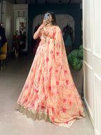 Lorenvalley Peach Tabby Silk Floral Print With Lace Touch Up Lehenga Choli with Dupatta | Grocsy