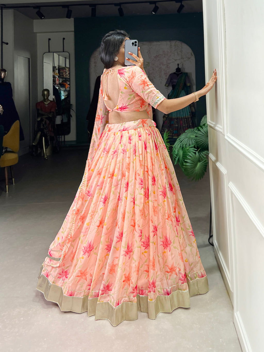 Lorenvalley Peach Tabby Silk Floral Print With Lace Touch Up Lehenga Choli with Dupatta | Grocsy