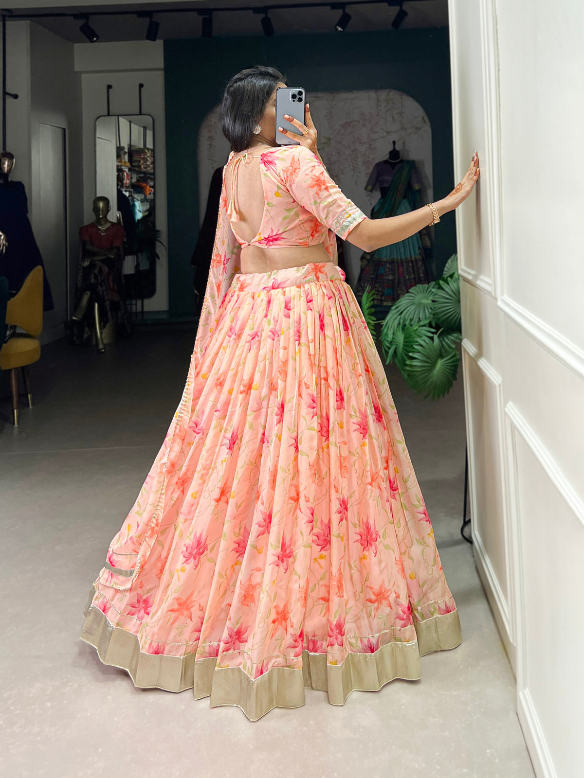 Lorenvalley Peach Tabby Silk Floral Print With Lace Touch Up Lehenga Choli with Dupatta | Grocsy