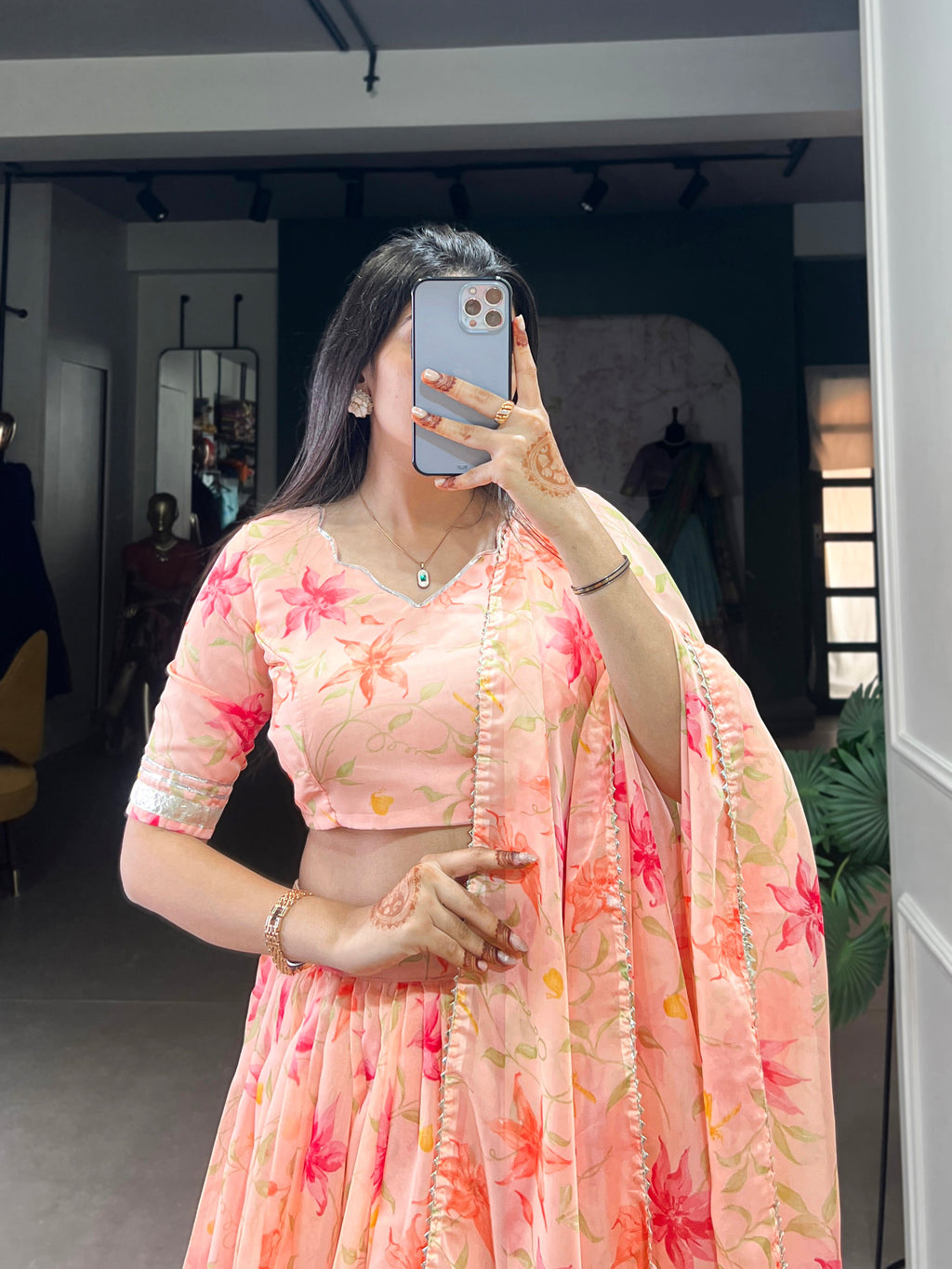 Lorenvalley Peach Tabby Silk Floral Print With Lace Touch Up Lehenga Choli with Dupatta | Grocsy