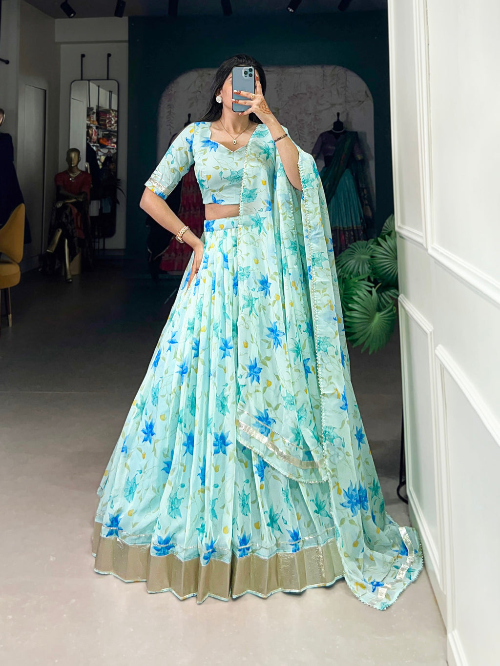 Lorenvalley Pista Tabby Silk Floral Print With Lace Touch Up Lehenga Choli with Dupatta | Grocsy