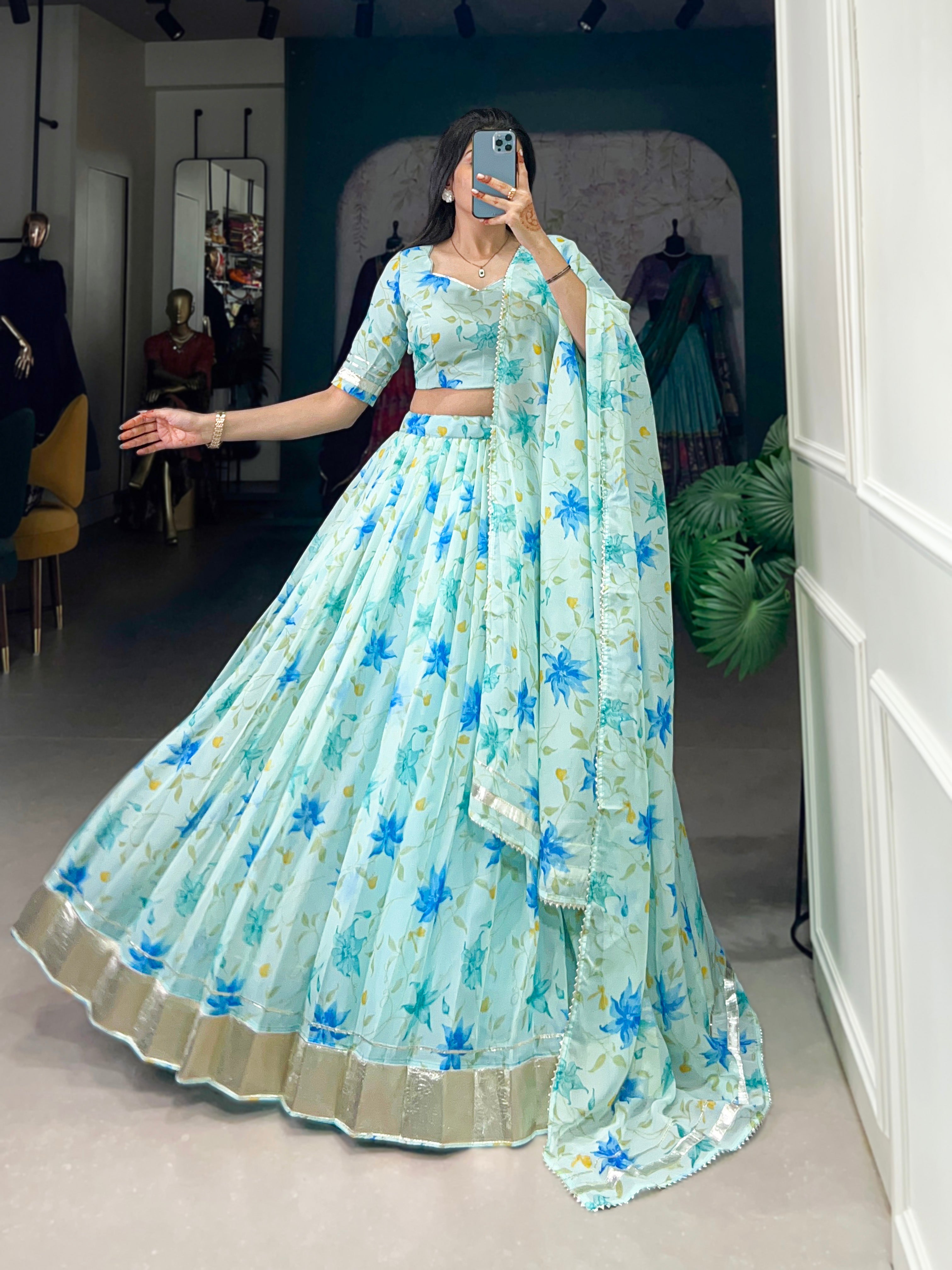 Lorenvalley Pista Tabby Silk Floral Print With Lace Touch Up Lehenga Choli with Dupatta | Grocsy