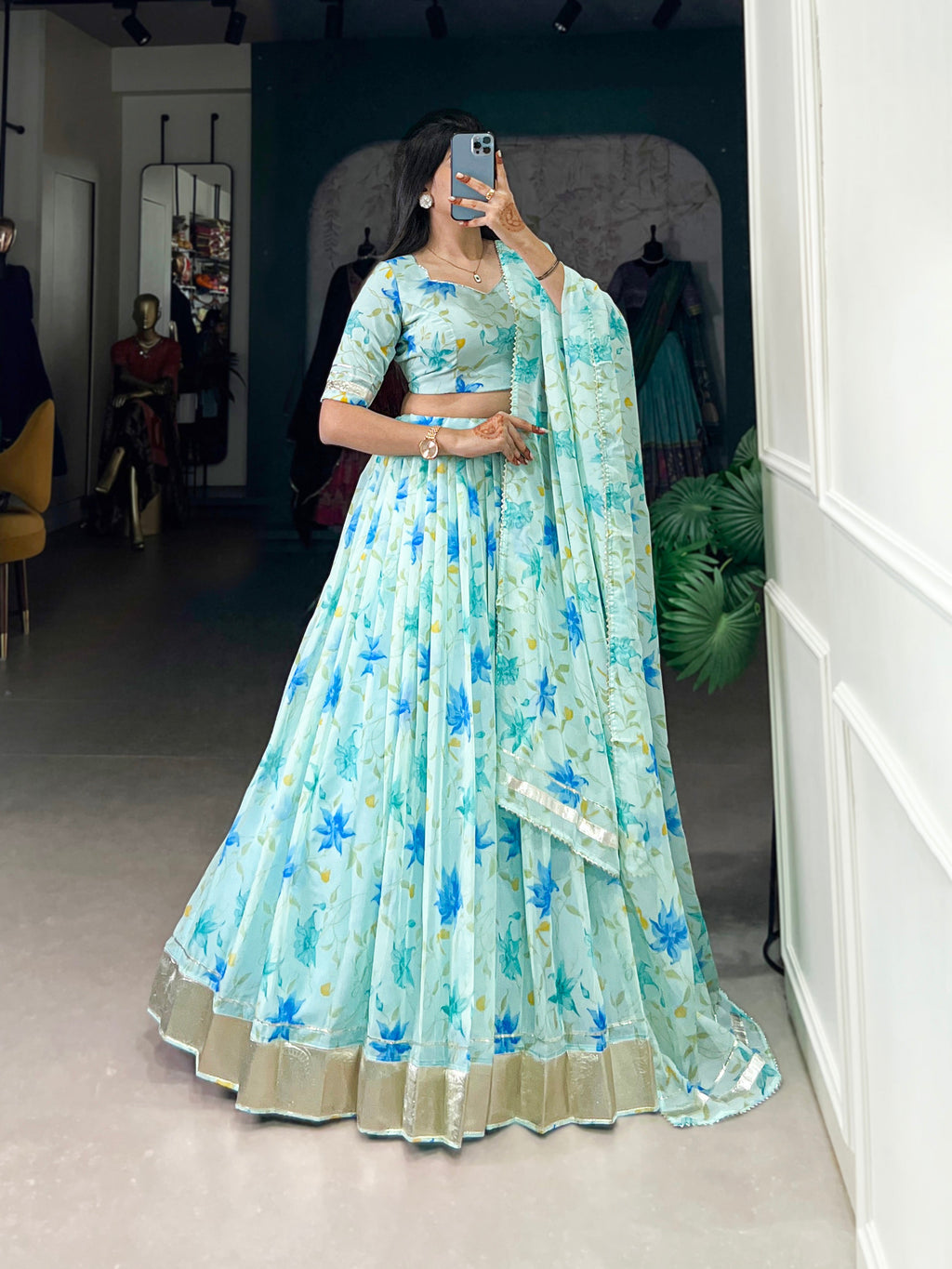 Lorenvalley Pista Tabby Silk Floral Print With Lace Touch Up Lehenga Choli with Dupatta | Grocsy