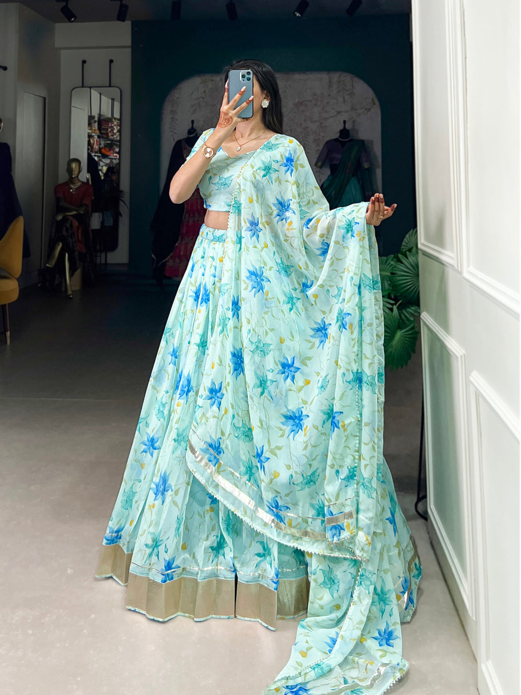 Lorenvalley Pista Tabby Silk Floral Print With Lace Touch Up Lehenga Choli with Dupatta | Grocsy