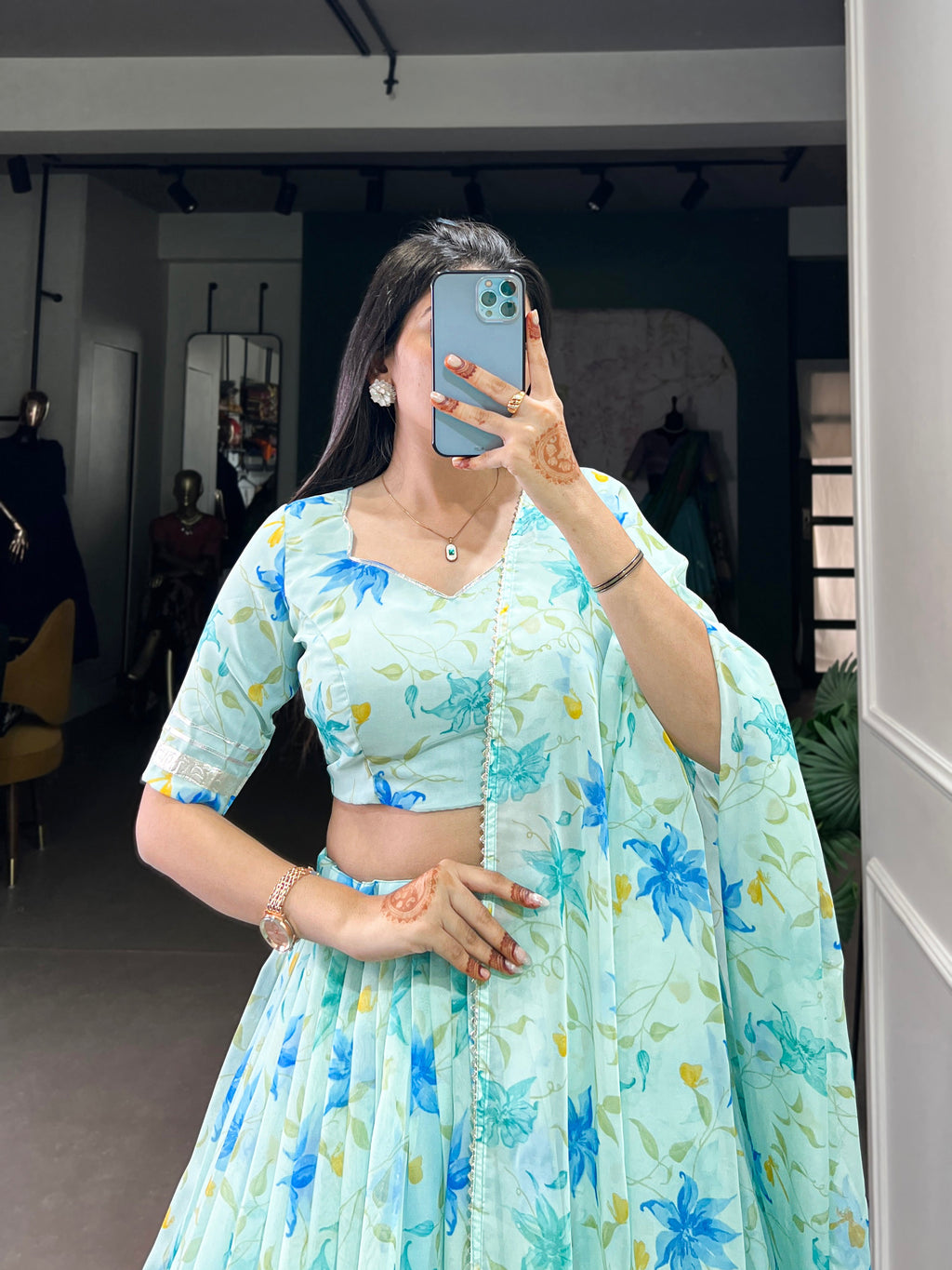 Lorenvalley Pista Tabby Silk Floral Print With Lace Touch Up Lehenga Choli with Dupatta | Grocsy