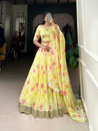 Lorenvalley Yellow Tabby Silk Floral Print With Lace Touch Up Lehenga Choli with Dupatta | Grocsy