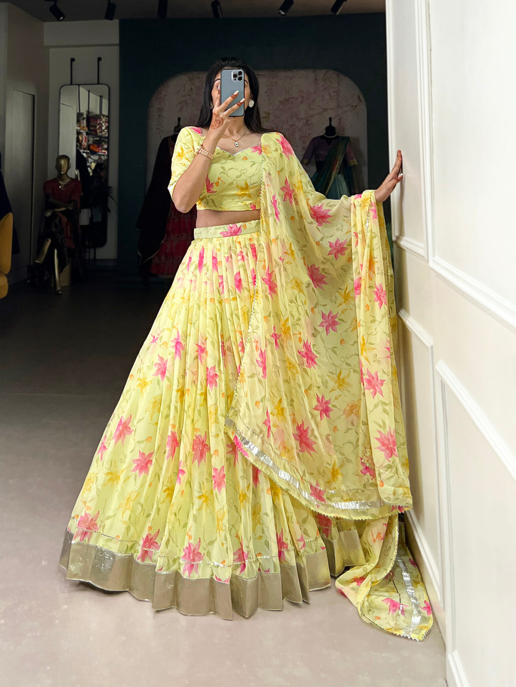 Lorenvalley Yellow Tabby Silk Floral Print With Lace Touch Up Lehenga Choli with Dupatta | Grocsy