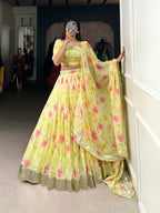 Lorenvalley Yellow Tabby Silk Floral Print With Lace Touch Up Lehenga Choli with Dupatta | Grocsy