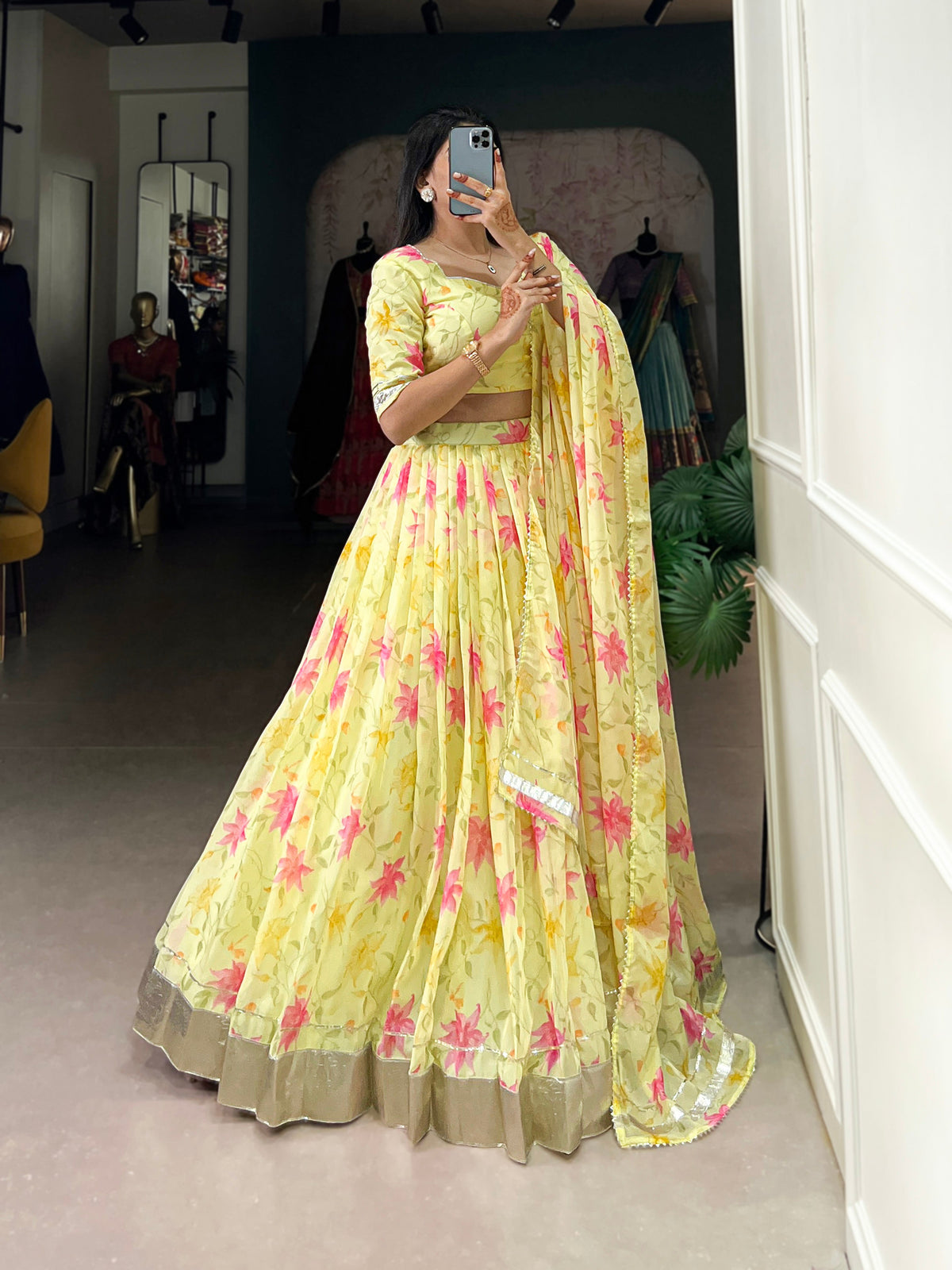 Lorenvalley Yellow Tabby Silk Floral Print With Lace Touch Up Lehenga Choli with Dupatta | Grocsy