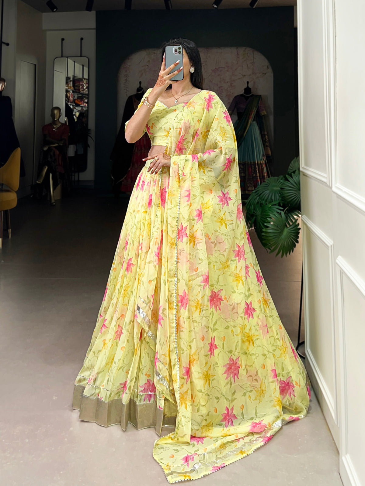 Lorenvalley Yellow Tabby Silk Floral Print With Lace Touch Up Lehenga Choli with Dupatta | Grocsy