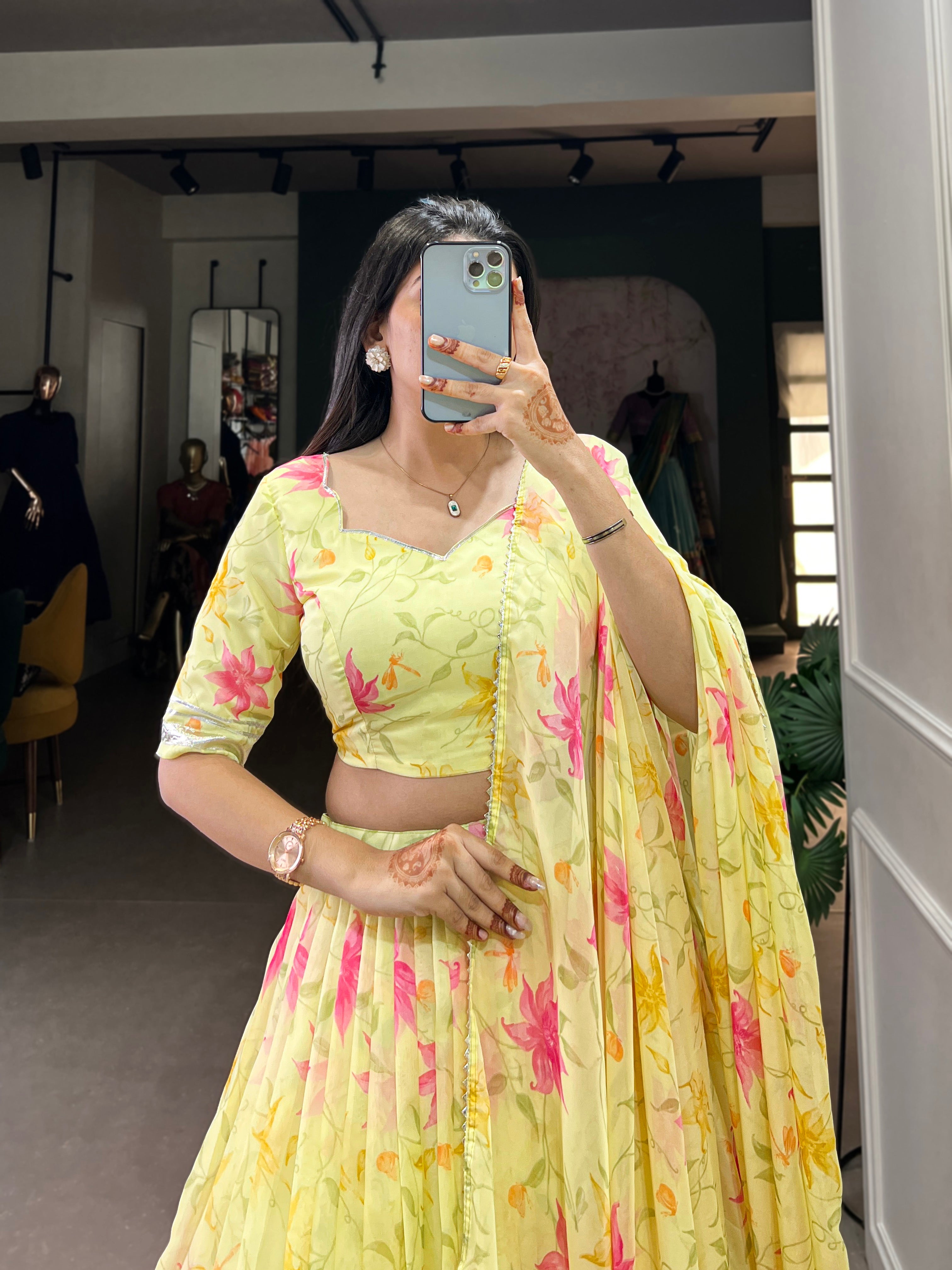 Lorenvalley Yellow Tabby Silk Floral Print With Lace Touch Up Lehenga Choli with Dupatta | Grocsy