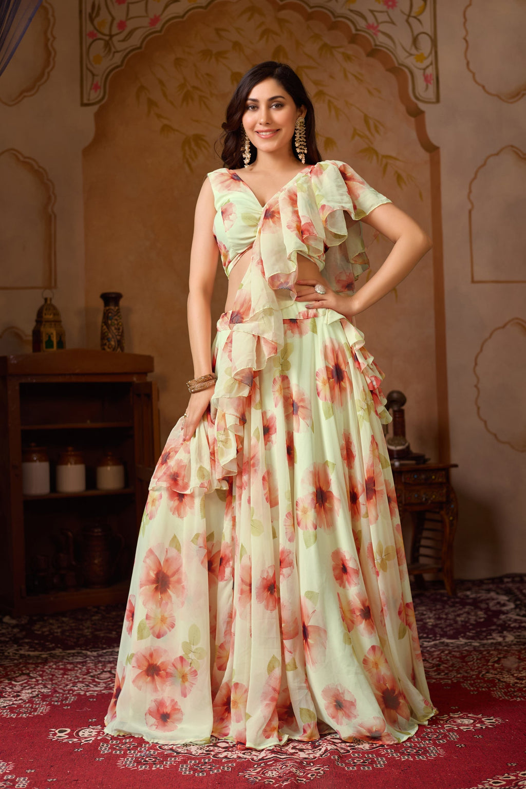 Lorenvalley Fashion Pista Georgette with Digital Printed Lehenga Choli with Dupatta | Grocsy