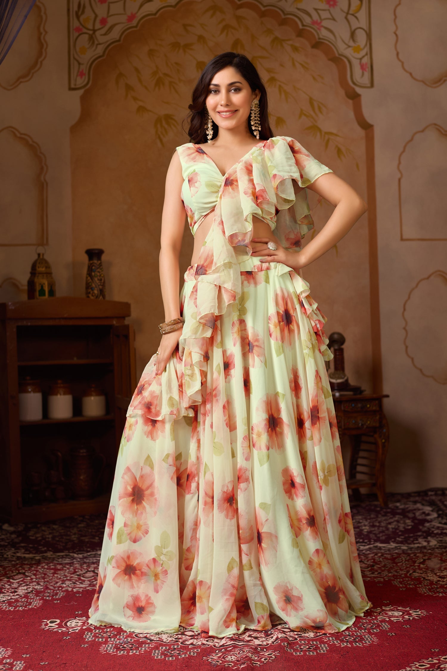Lorenvalley Fashion Pista Georgette with Digital Printed Lehenga Choli with Dupatta | Grocsy