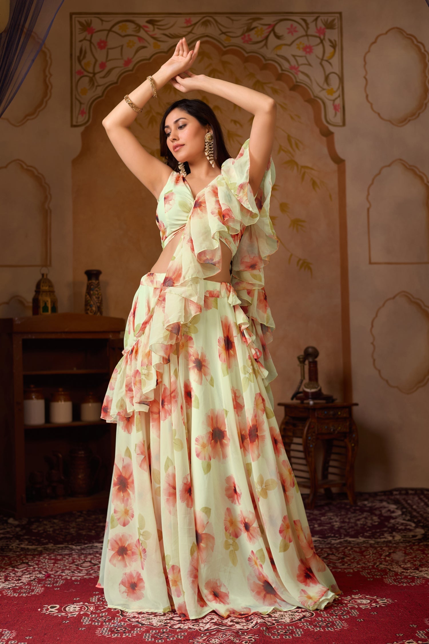Lorenvalley Fashion Pista Georgette with Digital Printed Lehenga Choli with Dupatta | Grocsy