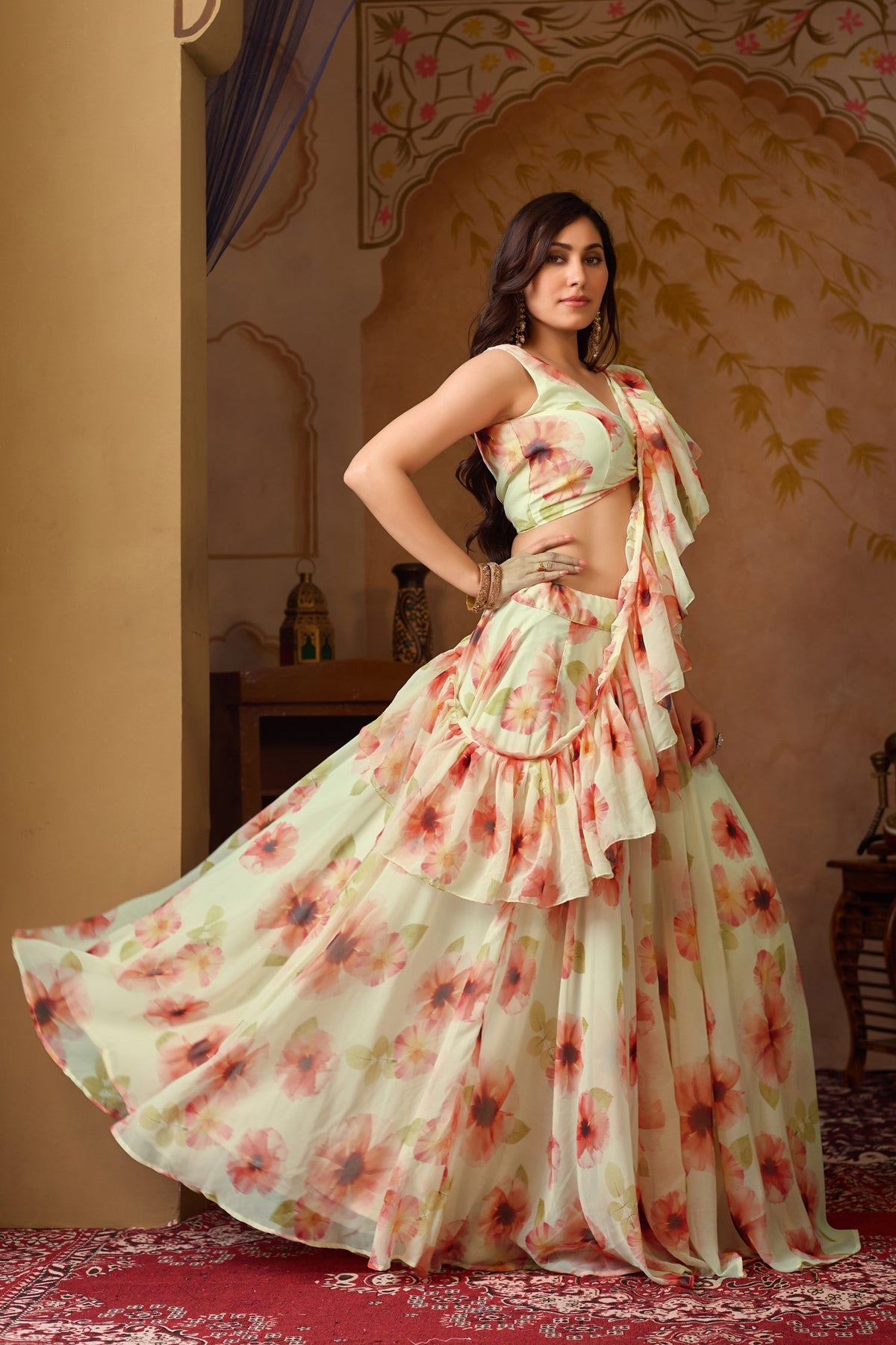 Lorenvalley Fashion Pista Georgette with Digital Printed Lehenga Choli with Dupatta | Grocsy