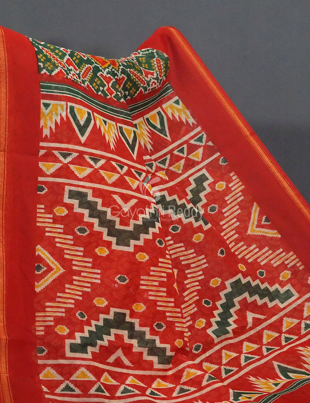Dark Leaf Green And Red Colour Patola Print Semi Chanderi Saree By Gayathri Reddy Designer Studio | Grocsy